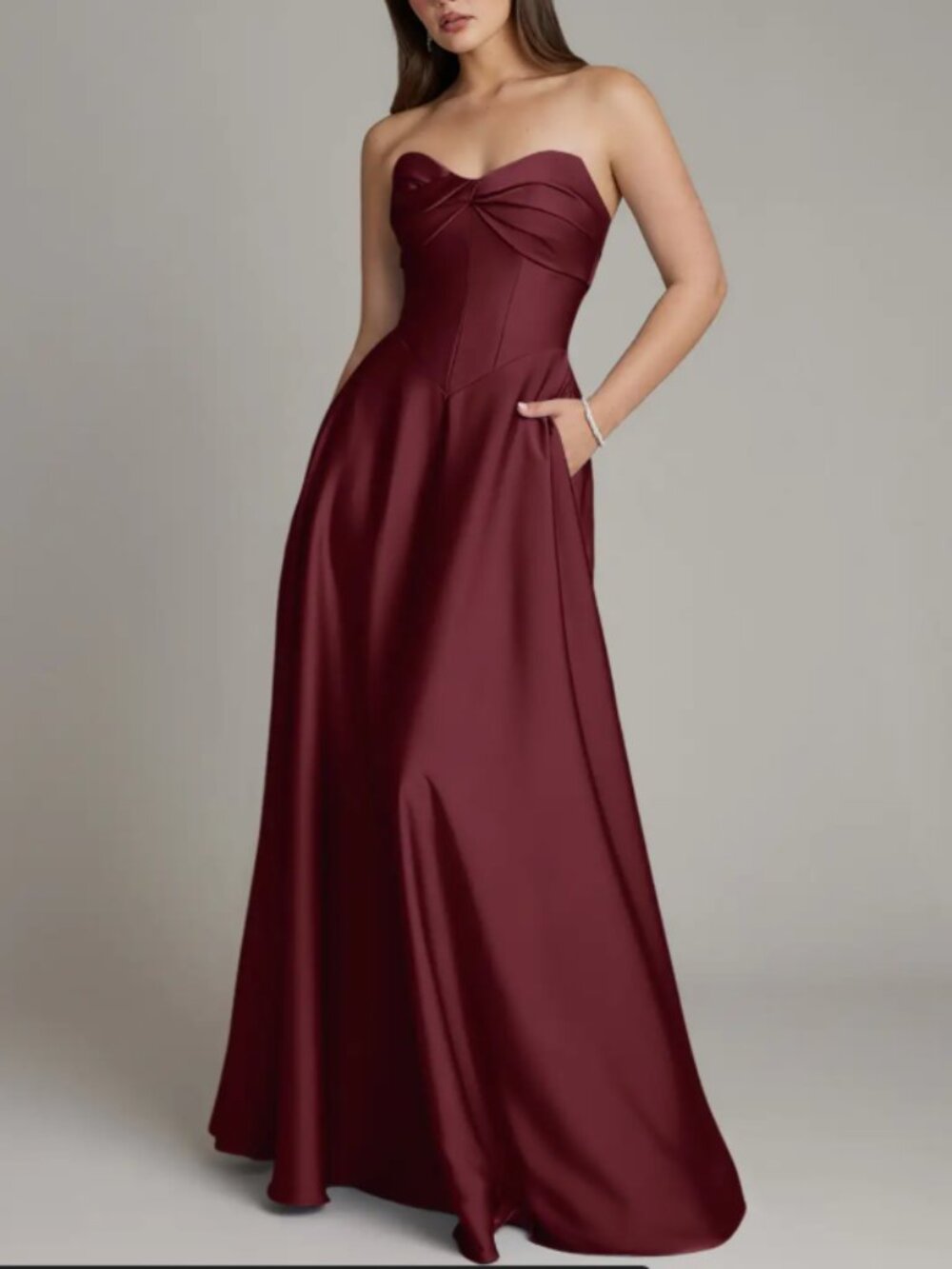 Azazie Meleena - Cabernet A-Line Strapless Stretch Satin Dress